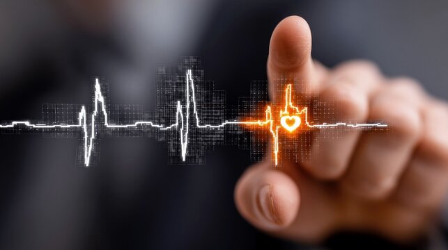 A finger touches a digital display showing a heart pulse, representing health and technology.