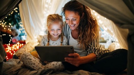 Mother and daughter under a glowing blanket fort share a tablet and smiles turning bedtime into a story filled ritual that blends technology bonding and wonder for cozy joyful family nights - Powered by Adobe