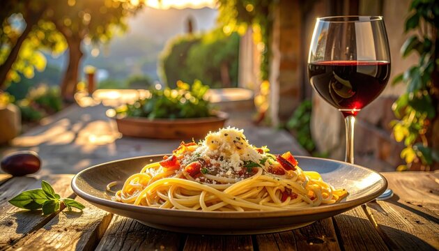 Plate of spaghetti pasta with red wine at an Italian dinner at sunset