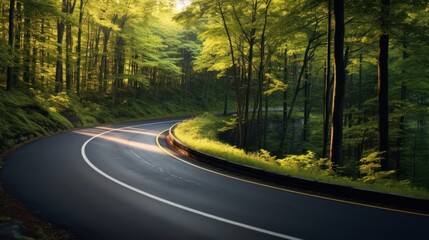 Obraz premium A winding road through a lush, verdant forest, sunlight filtering through the canopy of trees, creating a serene and magical atmosphere, intricate details, cinematic lighting, depth of field, highly d