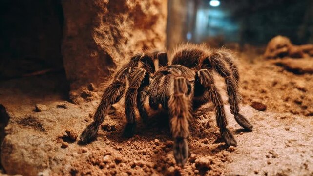 Hairy tarantula explores warm sand with shallow focus as tiny hairs and legs reveal intricate patterns bringing desert wildlife fascination and a touch of suspense to creature themed