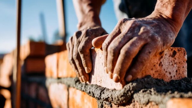 Bricklayer sets a block with skilled hands and mortar under bright sun showing craftsmanship teamwork safety and the steady progress of construction that shapes homes neighborhoods and