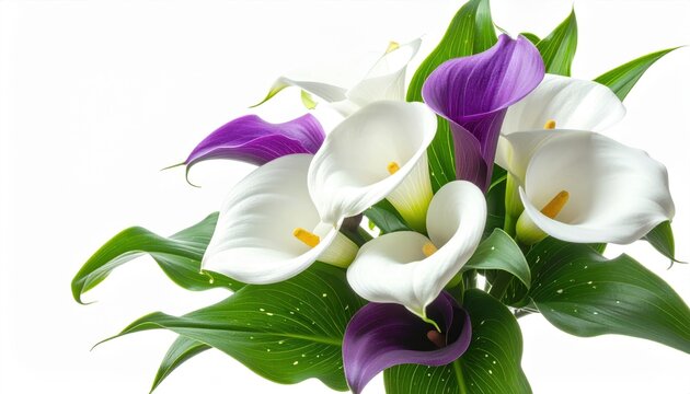 Bouquet of white and purple calla lily flowers on a white background