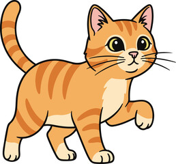 Obraz premium A friendly, walking orange tabby cat with stripes and large yellow eyes, rendered in a bright flat vector cartoon style.