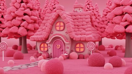 Pink candy house in a sugary forest. Perfect for sweetthemed designs, childrens book illustrations, and whimsical holiday graphics. - Powered by Adobe