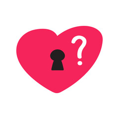 Heart Lock Mystery. Minimal vector illustration of red heart with keyhole and question mark. Simple romantic secret concept.