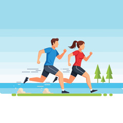 Obraz premium Man and woman running together outdoors wearing athletic clothing.