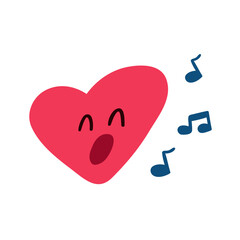 Singing Heart Music. Minimal vector illustration of heart character singing with musical notes. Simple romantic melody concept.