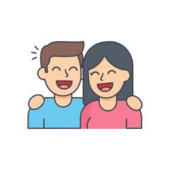 Two smiling people are embracing each other in a friendly manner.