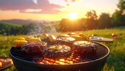 Grilling hamburgers and corn on a barbecue in a field at sunset