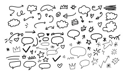 Line movement element hand drawn chalk effect decoration shape. Hand drawn cute doodle line element arrow, emphasis, shock, sparkle. Motion cartoon movement chalk icon. Vector illustration