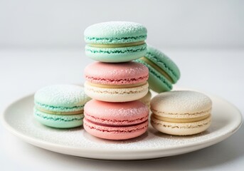 Obraz premium Delightful pastel macarons stacked on a plate evoke sweet indulgence and elegant dessert presentation
