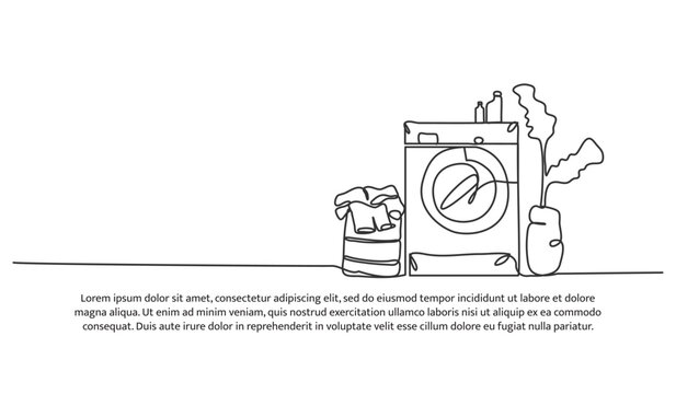 Set of washing machine and clothes in the basket one line. Electronic tools. Abstract minimal continuous line isolated on white background.