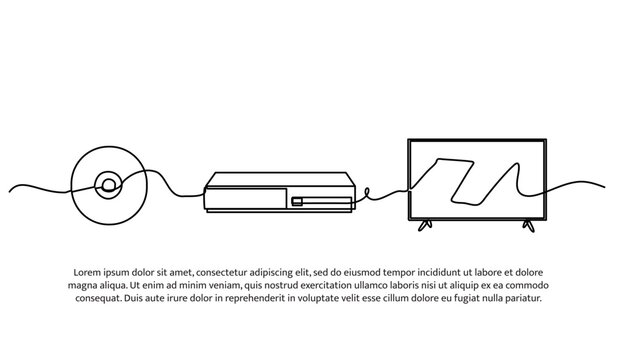 Set of cd, dvd player and monitors one line. Electronic tools. Abstract minimal continuous line isolated on white background. - Powered by Adobe