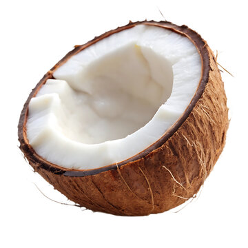 Freshly cut open coconut showing the white flesh inside closeup