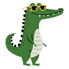 Cute crocodile wearing sunglasses. Flat vector illustration in a simple children's style. . Vector illustration