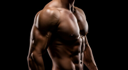 Strong Muscular Bodybuilder Chest and Abs on Black Backdrop