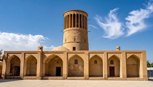 Ancient, arched building topped with wind tower in arid land - Powered by Adobe