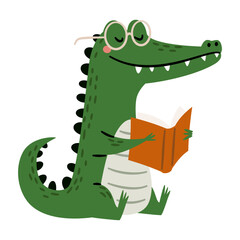 A cute crocodile on a white background is reading a book. A flat vector illustration in a simple children's style. . Vector illustration