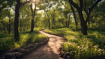 Fototapeta premium a winding dirt path through a lush, verdant forest with tall trees, dappled sunlight, and vibrant green foliage, detailed landscape, serene atmosphere, photorealistic, cinematic lighting, 8k resolutio
