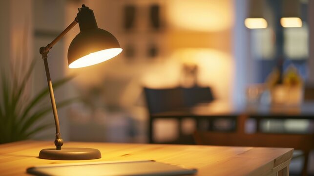 A desk lamp illuminates a wooden table in a cozy indoor setting. Soft light creates a warm atmosphere, enhancing the room's inviting feel.