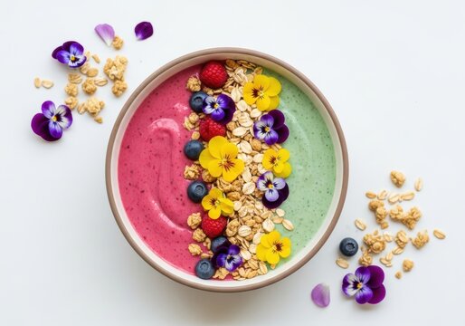 Vibrant smoothie bowl with fresh berries, granola, and edible flowers for a healthy breakfast idea