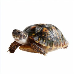 Fototapeta premium Beautiful tortoise moving on a white surface in a calm setting during daylight