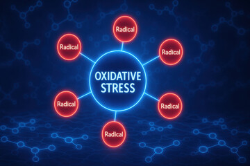 Oxidative stress molecule diagram shows reactive radical formation. This serious biomedical science concept with neon light on molecular background represents cell environment