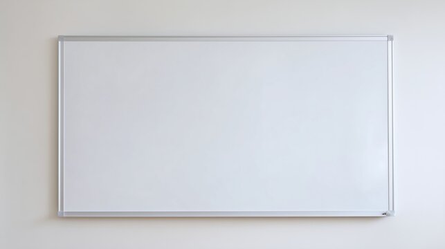 A pristine whiteboard mounted on a plain wall, ready for presentation, brainstorming, and collaborative work in an educational setting.