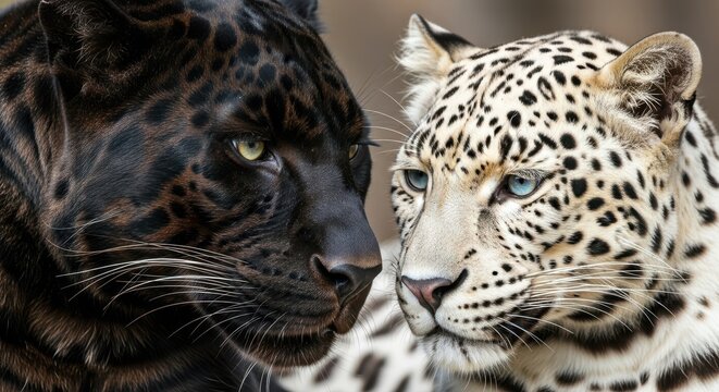 Striking Close-Up of a Black Panther and a White Leopard Facing Each Other