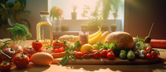 varied fresh organic vegetables,assorted fruits,wooden table,natural lighting,rustic kitchen,vibrant colors,healthy eating,abundance,still life,food photography
