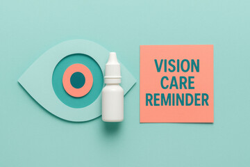Caring vision care reminder with paper cut eye shape, eye drop bottle and sticky note. This optical health awareness composition on turquoise background has clean minimal design