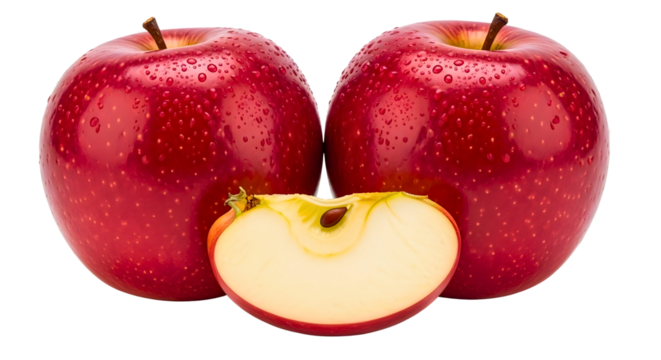 Two shiny red apples with water droplets and a slice on a black studio background on transparent background