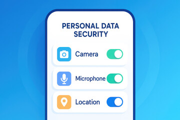 Secure personal data security on mobile screen with privacy protection options. Manage camera, microphone, and location sharing with simple, clean user interface concept