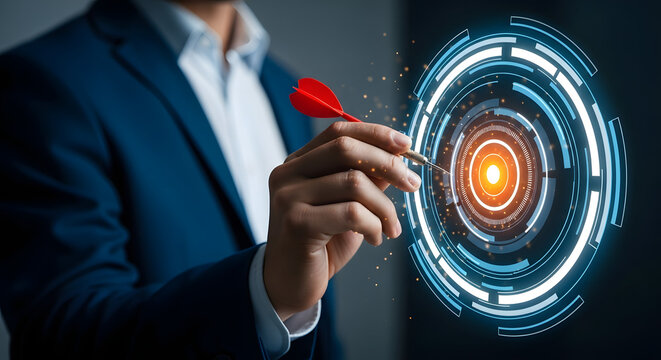 Businessman aiming dart at futuristic digital target with glowing center - Powered by Adobe