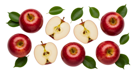 Fresh red apples and green leaves arranged overhead shot on transparent background