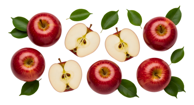 Fresh red apples and green leaves arranged overhead shot on transparent background - Powered by Adobe