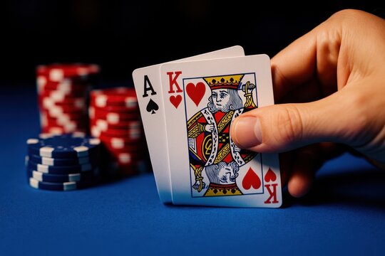 Close-up of a player holding an Ace of Spades and King of Hearts in poker, amidst colorful chips. Concept of strategy, risk, and excitement in gambling.