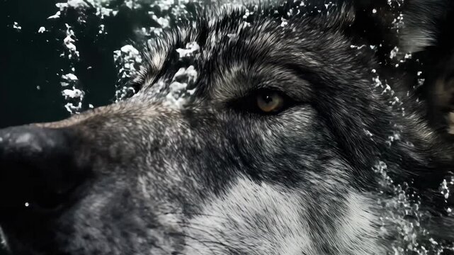 Wolf emerging from water in dramatic close-up, wildlife nature imagery symbolizing resilience, survival, instinct and predator focus in natural environment.