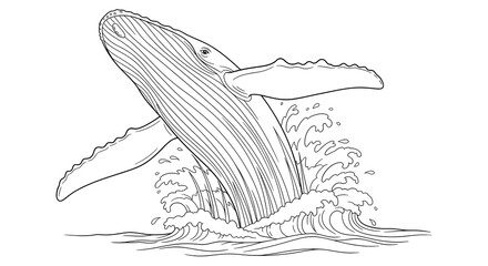 Fototapeta premium Line drawing of a majestic whale breaching from ocean waves