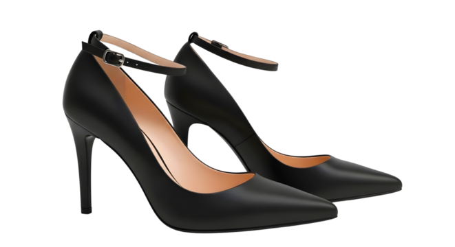 Elegant black stiletto heels with ankle straps on a neutral background showcase style on transparent background