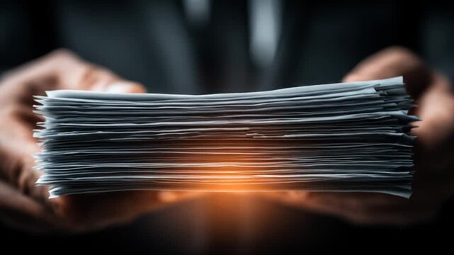 Hands hold a thick stack of white papers with an orange glow underneath, dark background