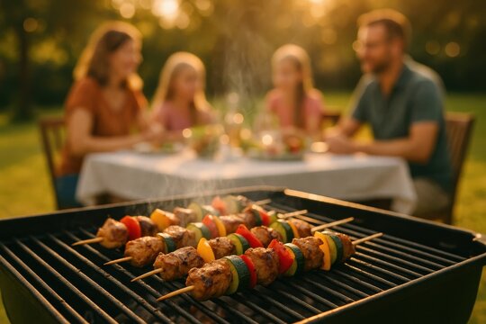 Delicious grilled kebabs on a barbecue with a cheerful family dining outdoors in a sunlit garden. Concept of togetherness, summer, and outdoor cooking.
