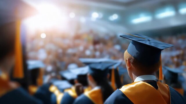 Graduation ceremony with diverse students in cap and gown