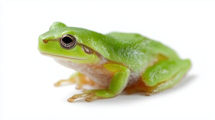 Green tree frog sitting on a white surface during daytime