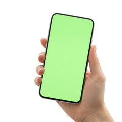 Hand delicately holding smartphone showcasing vibrant green screen for app designs