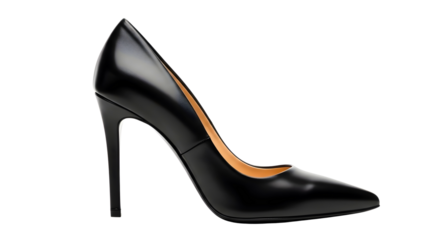 Elegant black high heel pump shoe displayed against a dark studio background shot on transparent background