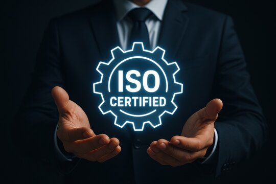 Business professional showcasing ISO certified emblem, symbolizing quality, standardization, and commitment to excellence in organizational processes.