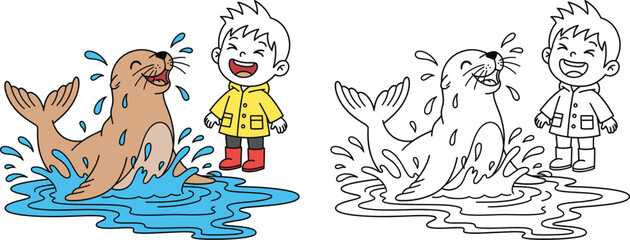 Cheerful Cartoon Sea Lion and Boy Splashing in Water Coloring Page Fun