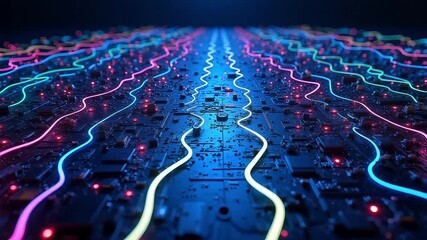 Dynamic network data flow with vibrant neon lights pulsing across a futuristic circuit board showcasing connectivity and data streams for technology solutions - Powered by Adobe